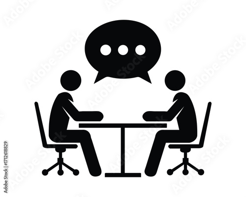 Two silhouette people sit speaking across a table on white background