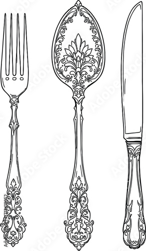 Vintage Silverware Vector Set — Black Stylized Fork, Spoon, and Knife with Ornate Decorative Handles in Antique Silhouette Style