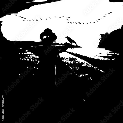 Silhouette of a solitary crow perched on a scarecrow's arm