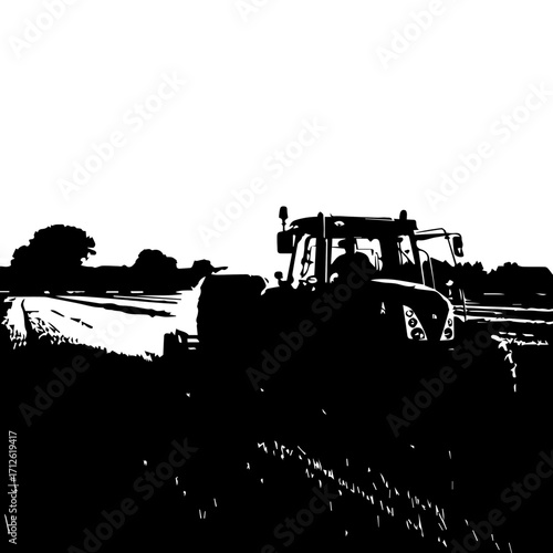 Silhouette of a Tractor Working a Field