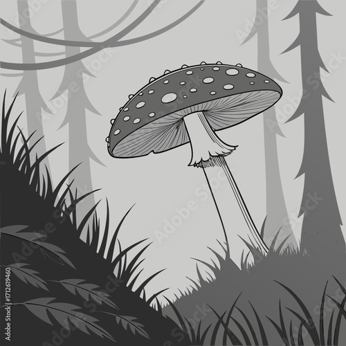 Vector art of a captivating monochrome illustration of a toadstool in a forest setting, showcasing its unique shape