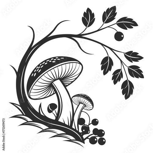 Vector art of a mushroom with berries and a branch of leaves, natures bounty