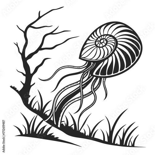 Vector art of a surreal illustration of a nautilus shell creature in a desolate landscape