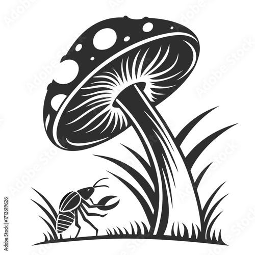 Vector art of mushroom with bug vector illustration fungi and insect drawing concept