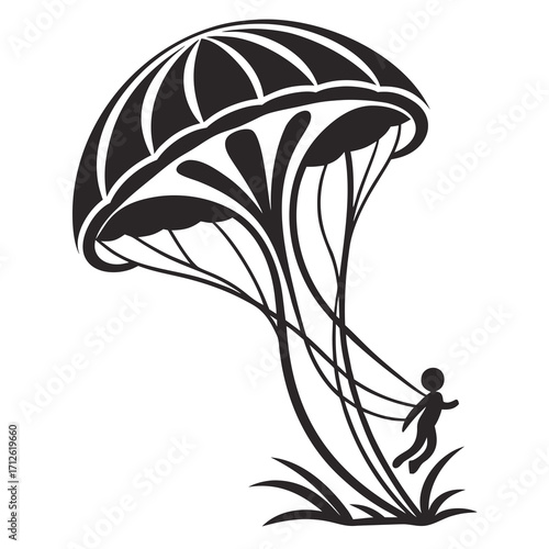 Vector art of silhouette of a skydiver with a parachute landing among grass vector illustration