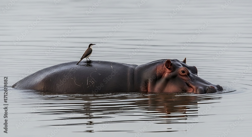 Fototapeta premium Hippopotamus in water with a bird on its back.