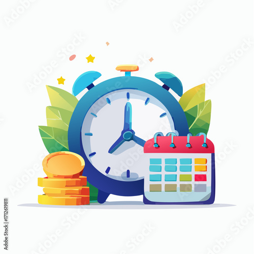 Time and Money Management Balancing Clock, Calendar & Coins for Financial Planning