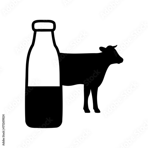 Black and white depiction of a milk bottle with a cow next to it