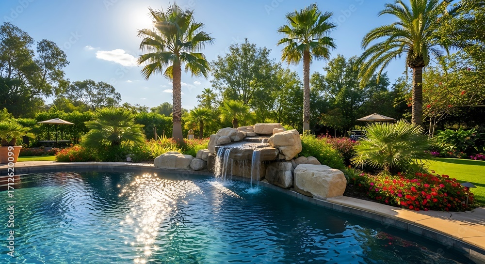 Fototapeta premium Beautiful Poolside Oasis with Waterfall Feature.