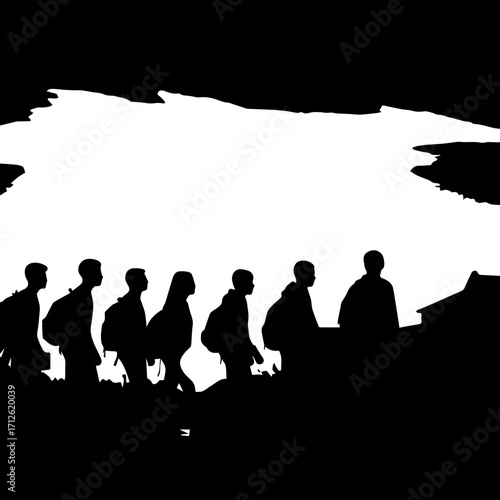 Silhouetted Group of People Walking with Backpacks in Black and White