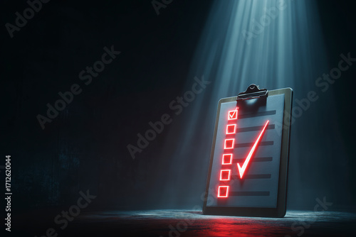 Completed checklist under spotlight. Task completion, success, verification, and quality assurance concept.