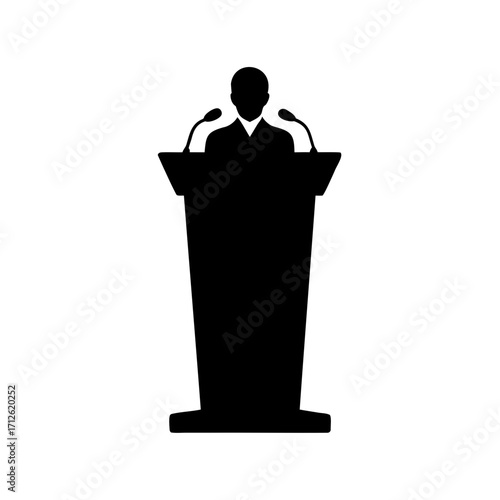 Silhouette of a speaker behind a podium with two microphones, presenting information