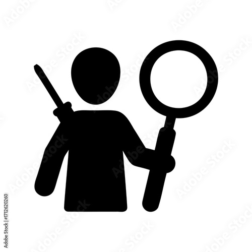 Icon of a person holding a screwdriver and a magnifying glass for research