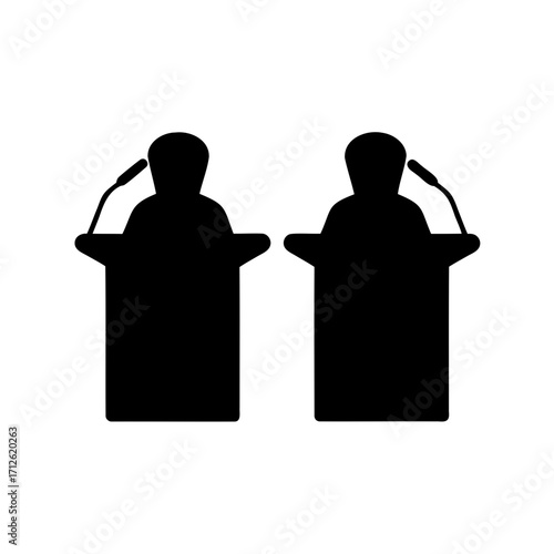 Two speakers standing behind lecterns delivering speeches at a political rally