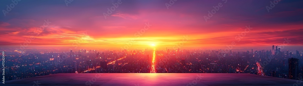 Obraz premium A vibrant sunset paints the sky with intense colors over a sprawling city skyline viewed from an empty platform