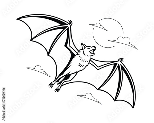 Nocturnal animal bat flying under moonlight in dark sky