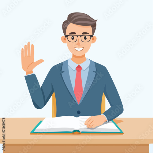 A smiling man in a suit sitting at a desk, taking a solemn oath with his hand raised and resting on a book