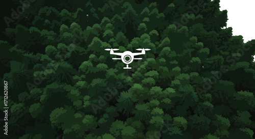 Modern quadcopter drone soaring over a dense canopy of trees, symbolizing remote exploration and technological advancement in environmental monitoring
