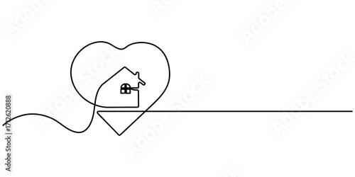House with heart continuous one line drawing. love home symbol. Home Sweet Home Continuous Line Icon, Heart inside house continuous one line drawn. Love home concept. Editable stroke