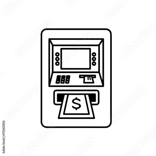 Simple line art icon of an ATM machine dispensing a dollar bill, showing keypad and screen.