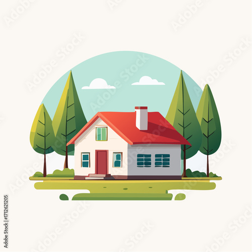Charming Suburban House Illustration Cozy Home in Green Landscape