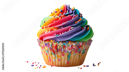 Cupcake. Birthday cupcake with cherry on top. Happy Birthday. Tasty baking cupcakes, cake or muffin with white cream icing, frosting. Bakery, confectionery. Purple cup liners. Isolated background