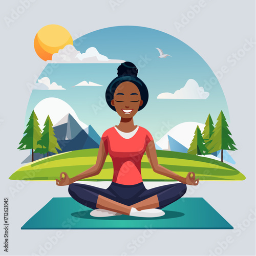 A serene woman peacefully meditates in a lotus yoga pose, surrounded by a beautiful mountain landscape on a sunny day