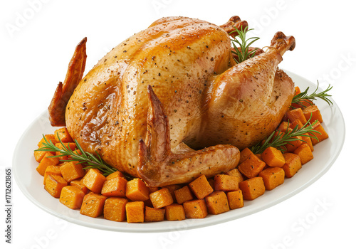 Isolated roasted turkey on platter, garnished with rosemary and sweet potato cubes, ready to eat