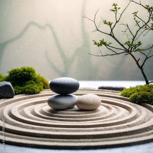 Minimalist zen garden with two contrasting stones, in serene grey and beige tones, representing harmony and mindfulness, with copy space