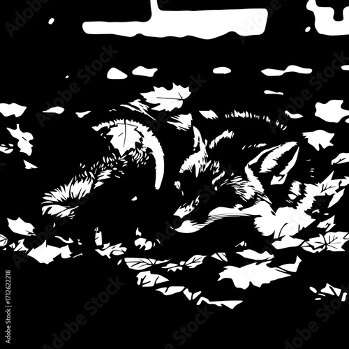 Stylized black and white fox illustration, resting amidst detailed leaves, graphic art, high contrast.
