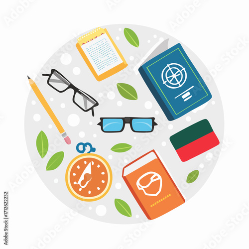Circular arrangement of travel and study essentials including a passport, notebook, glasses, compass, and pencil