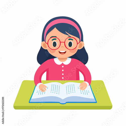 A young girl wearing glasses reads a Braille book at her desk, representing education and learning for the visually impaired