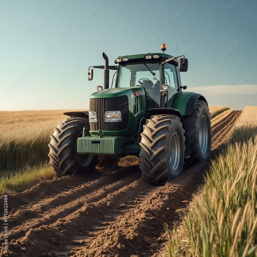 Fototapeta premium Green tractor driving on dirt road through wheat field 