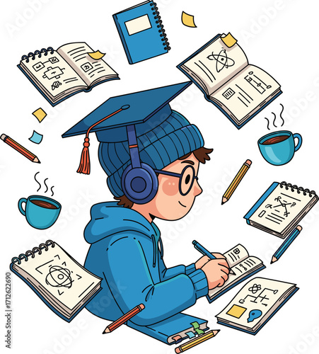 Student wearing graduation cap and headphones studying with books and coffee