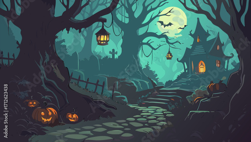 Spooky Halloween Path Background with Haunted House and Pumpkins