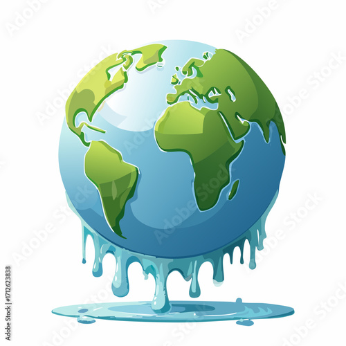 Stylized cartoon depiction of planet Earth melting and dripping water, a powerful visual metaphor for global warming, climate change, and pressing environmental issues affecting our world