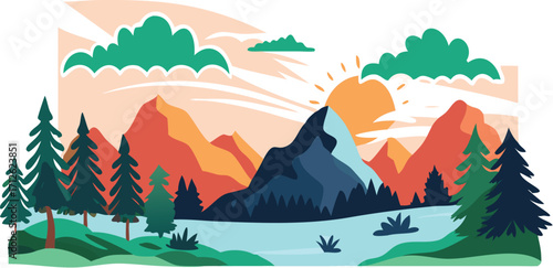 An illustrated winter landscape with snow-covered trees and majestic mountains under a beautiful sky at sunset