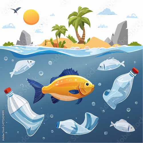 Ocean Pollution Crisis Fish Swimming Through Plastic Waste Near Tropical Island