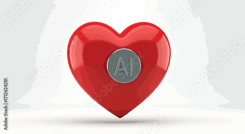 Shiny red heart with a metallic AI button, illustrating the concept of artificial intelligence and human emotion