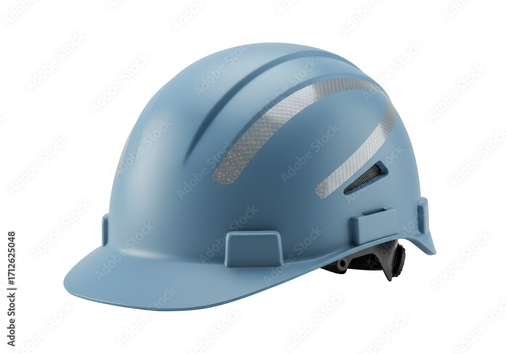 Fototapeta premium Isolated light-blue hard hat with reflective stripes used in construction and industrial work