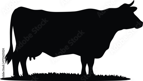 A Minimalist Cow Silhouette – Clean Black Livestock Icon on White, a cow on the grass