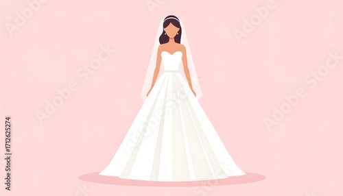 Beautiful Bride in a White Strapless Wedding Gown with Veil and Tiara on Pink Background
