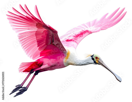 Roseate Spoonbill in Flight with Wide Open Wings