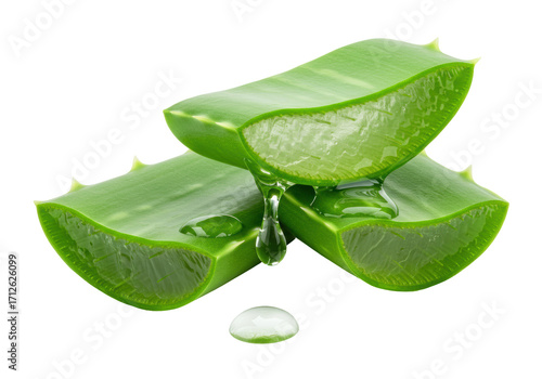 Isolated aloe vera slices with dripping gel, herbal remedy, beauty treatment ingredient