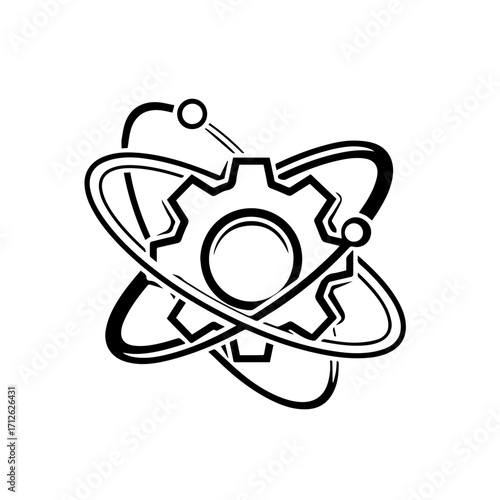 A black and white line art icon of a gear at the center of stylized atomic orbits, representing technology and science.