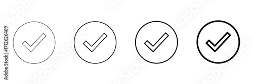 Circle check mark approval validation certified guarantee verified symbol confirm quality assurance acceptance success agreement trust icon vector illustration set.