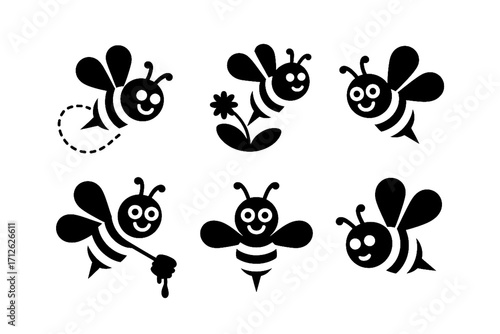 A collection of six whimsical and minimalist bee icons