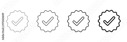 Verified check mark badge stamp approval success guarantee quality certification assurance validation award symbol icon vector illustration set.