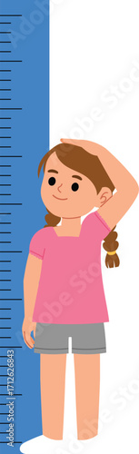happy girl cartoon measuring height with ruler, tall chart size, smile kid character checking height, children growth check illustration	
