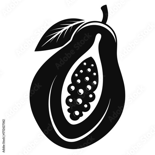 Black and White Papaya Illustration with Seeds and Leaf Detail